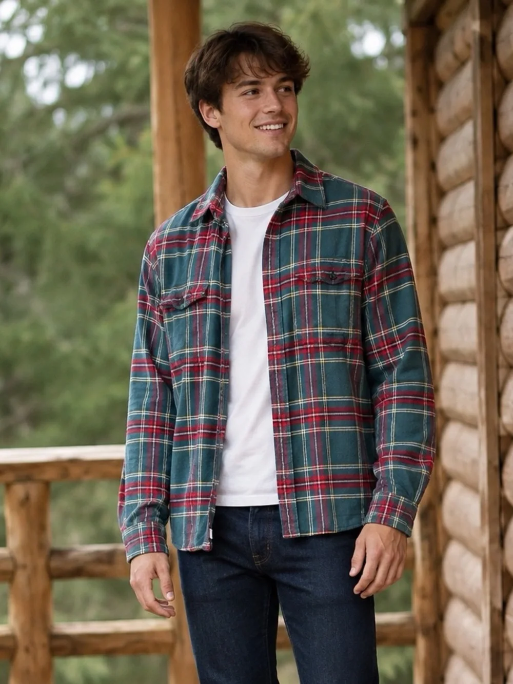 American Eagle Outfitters Green and Red Plaid Button-Front Shirt